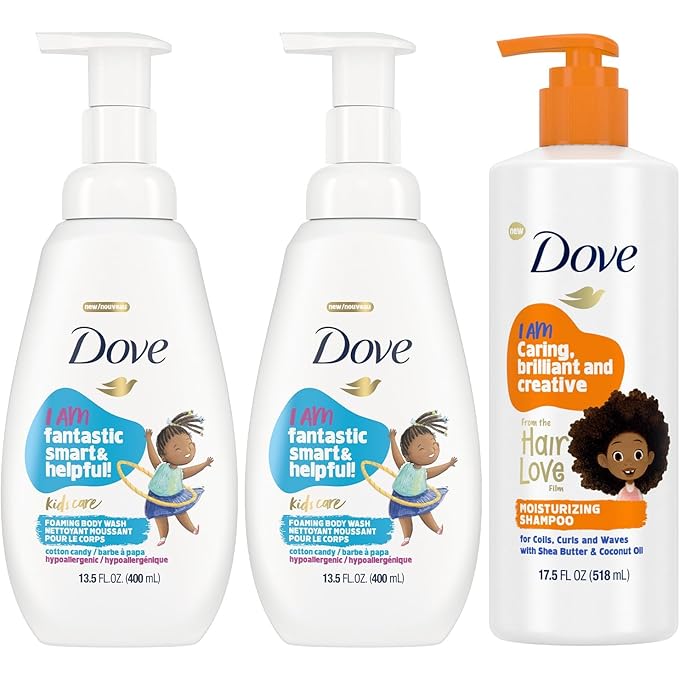 دوف غسول دوف للأطفال للرعاية للجسم عبوتين + حزمة شامبو مرطب - منظف رغوي من كوتون كاندي وشامبو دوف مع زبدة شيا لشعر الأطفال المجعد (مجموعة من 3 قطع) - Image 1